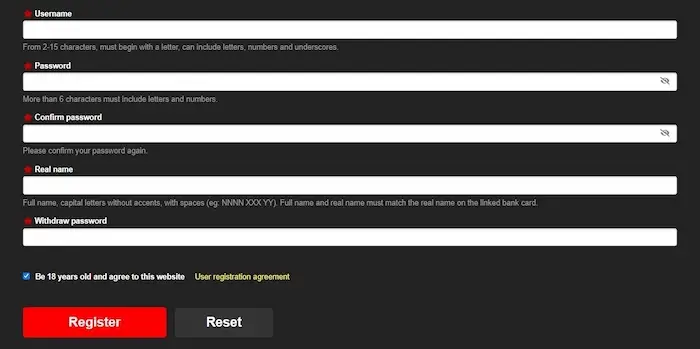 User registration form on jl55 online casino platform